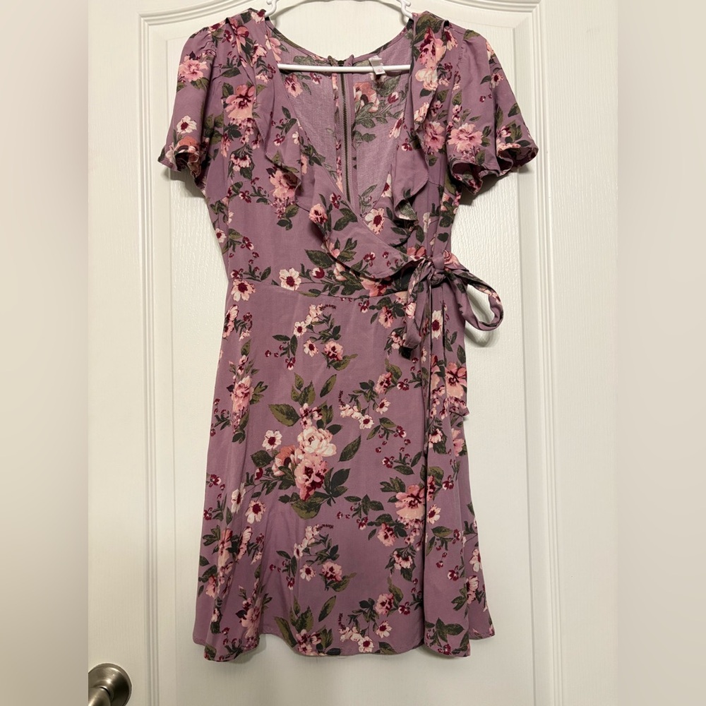 Xhilaration Purple Midi Dress with Tie Front and Puff Sleeves